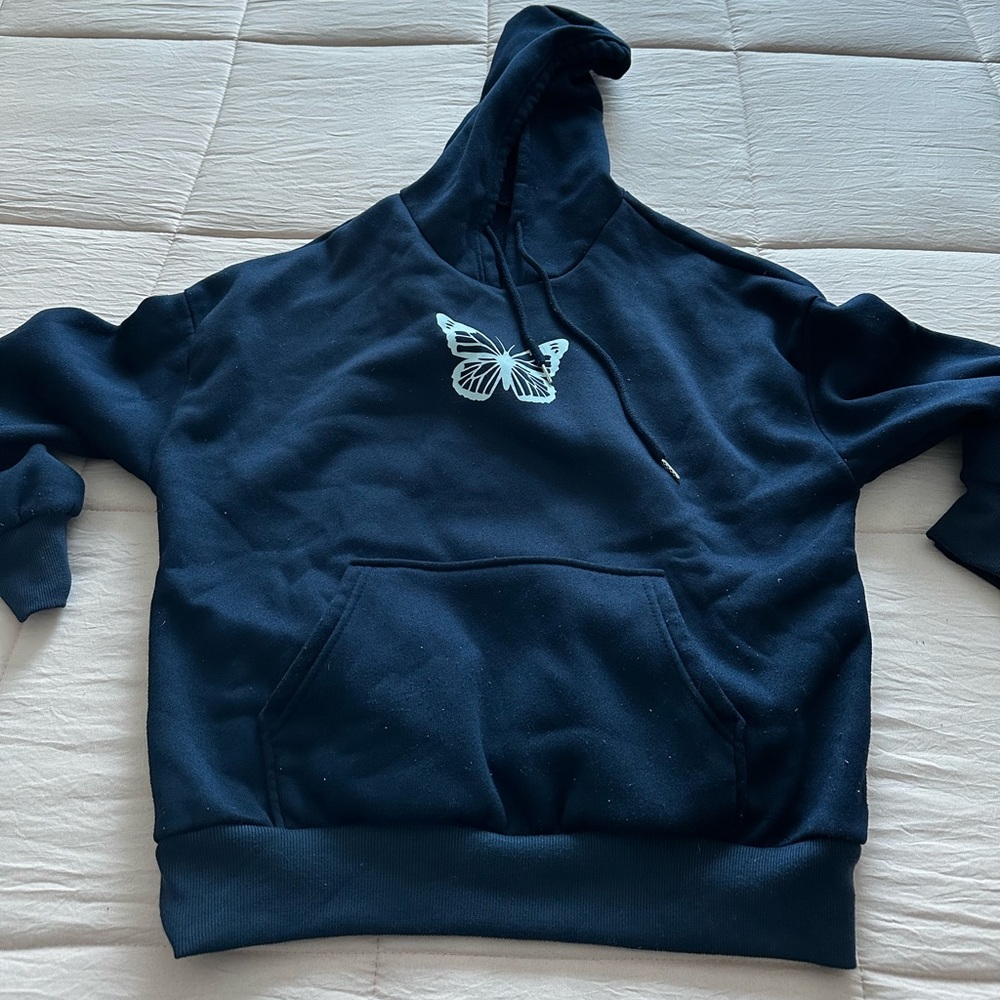 Dark blue comfortable sweatshirt with butterfly detail